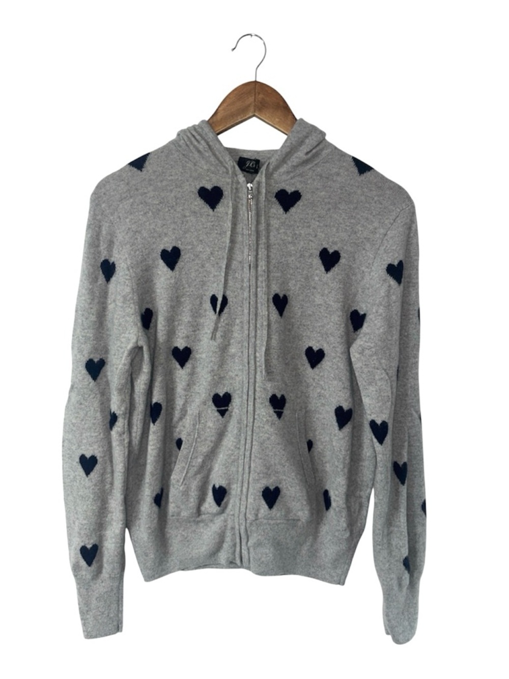 J. Crew 100% Cashmere Grey Blue Heart Zipper Hoodie Sweater Soft Size Small